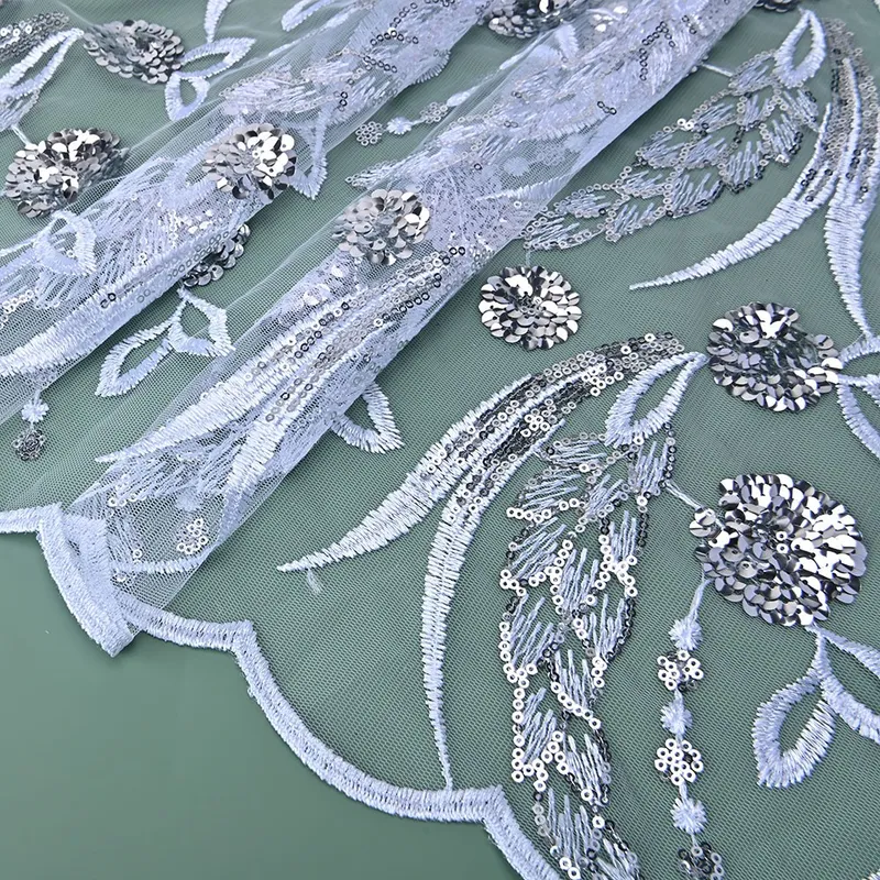 3D Flower Embroidery Sequins Lace Fabric