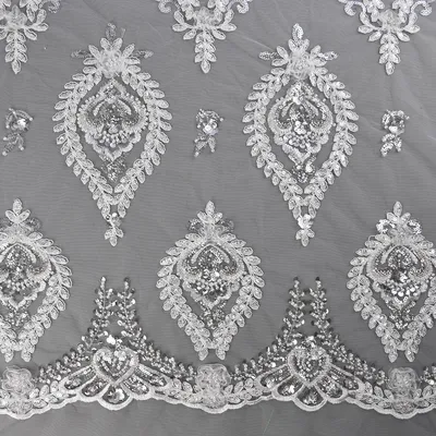 Corded Tulle Lace Fabric with Sequins and Beads