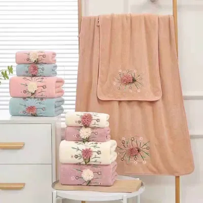 3D Embroidered Coral Fleece Bath Towel Set