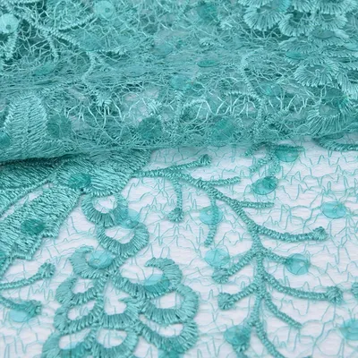 Turquoise Sequin Embroidered Tulle Net Lace Fabric