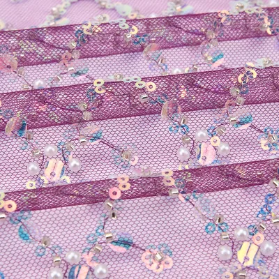 Sequins Embroidered Tulle Fabric with Pearls