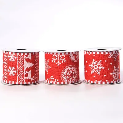 63mm White Faux Burlap Christmas Ribbon with Snowflake Print