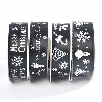 25mm Black Printed Satin Christmas Ribbon