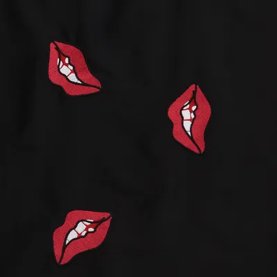 Red Mouth Embroidered on Black Satin Fabric