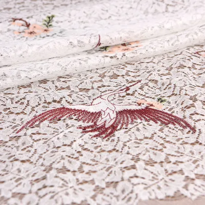 White and Red Crane Embroidered Nylon Lace Fabric