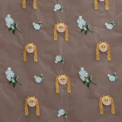 Doll and Floral Embroidered Organza Tulle Fabric for Girl Dress