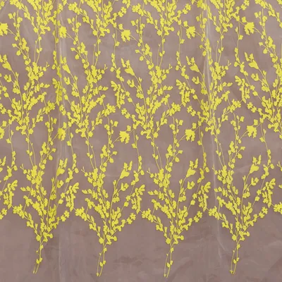 Yellow Floral Embroidered Organza Tulle Fabric