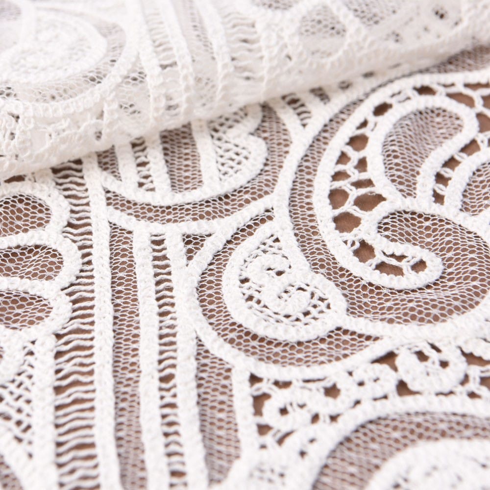 White Laser-Cut Embroidered Mesh Lace Fabric