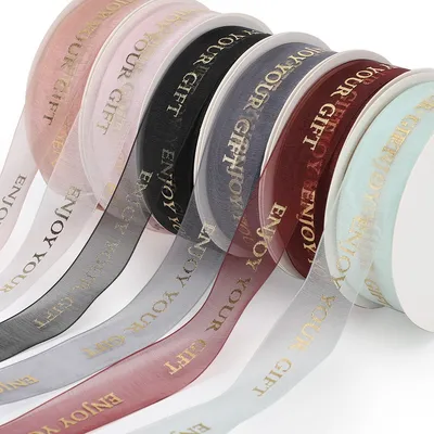 Custom Logo Gold Foil Stamped Organza Ribbon