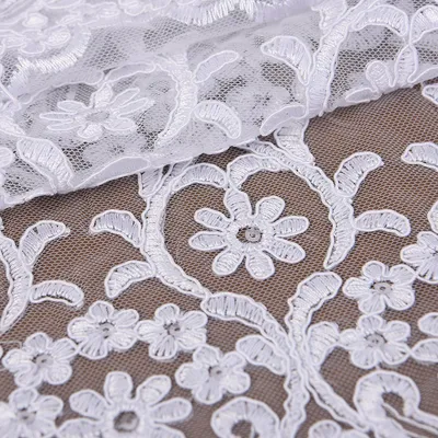 White Corded Sequined Bridal Lace Fabric